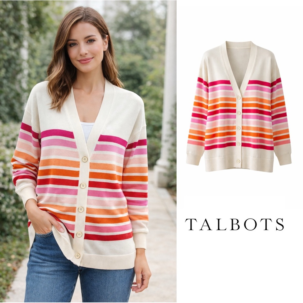 NEW Talbots Women's Vibrant Striped Cardigan - Cream, Pink, Orange